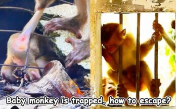 Baby monkey rescue: Tiny orphaned monkey being carefully freed from wire mesh by wildlife rescuers